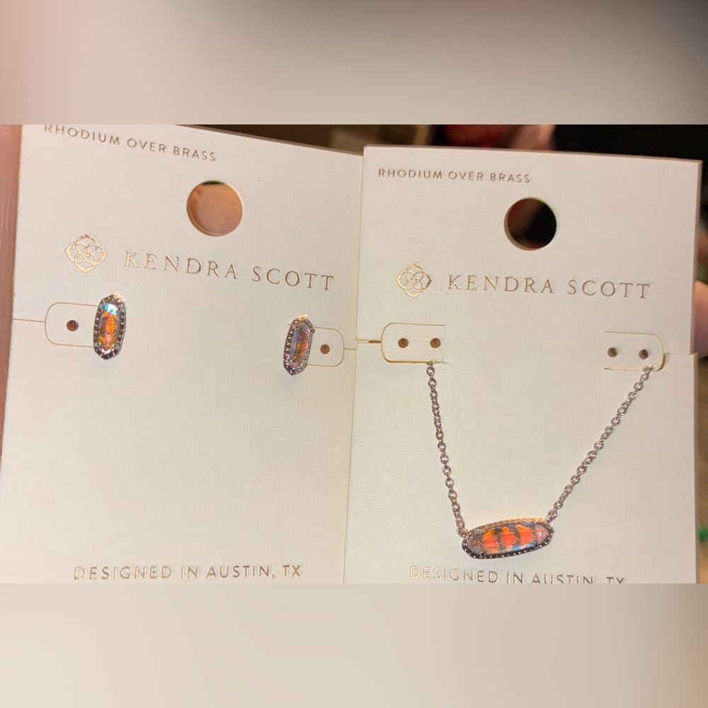 KENDRA SCOTT SET Clear Iridescent Dichroic Glass Rhodium Necklace & Earrings NWT - Picture 4 of 16